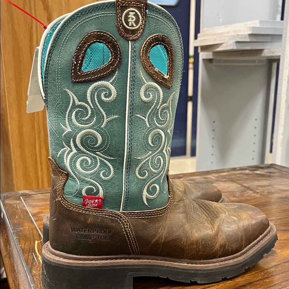 Tony Lama Teal and Brown Western Work Boots